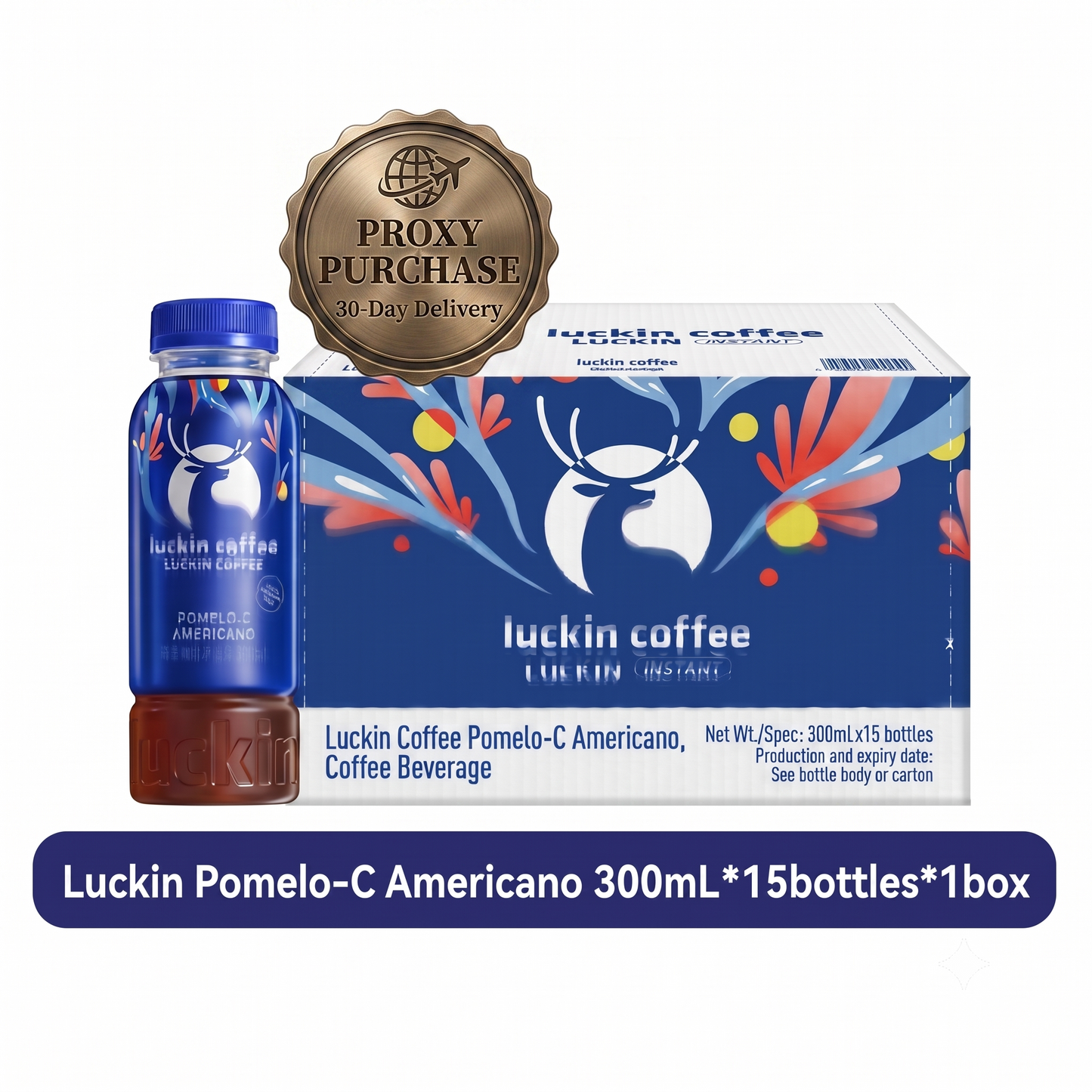luckin coffee Ready-to-Drink Bottled Instant Coffee Series (Classic Americano / Raw Coconut Latte / Grapefruit Americano) - 100% Arabica, 1.5x Caffeine, Stock-Up Bulk Pack (15 Bottles)