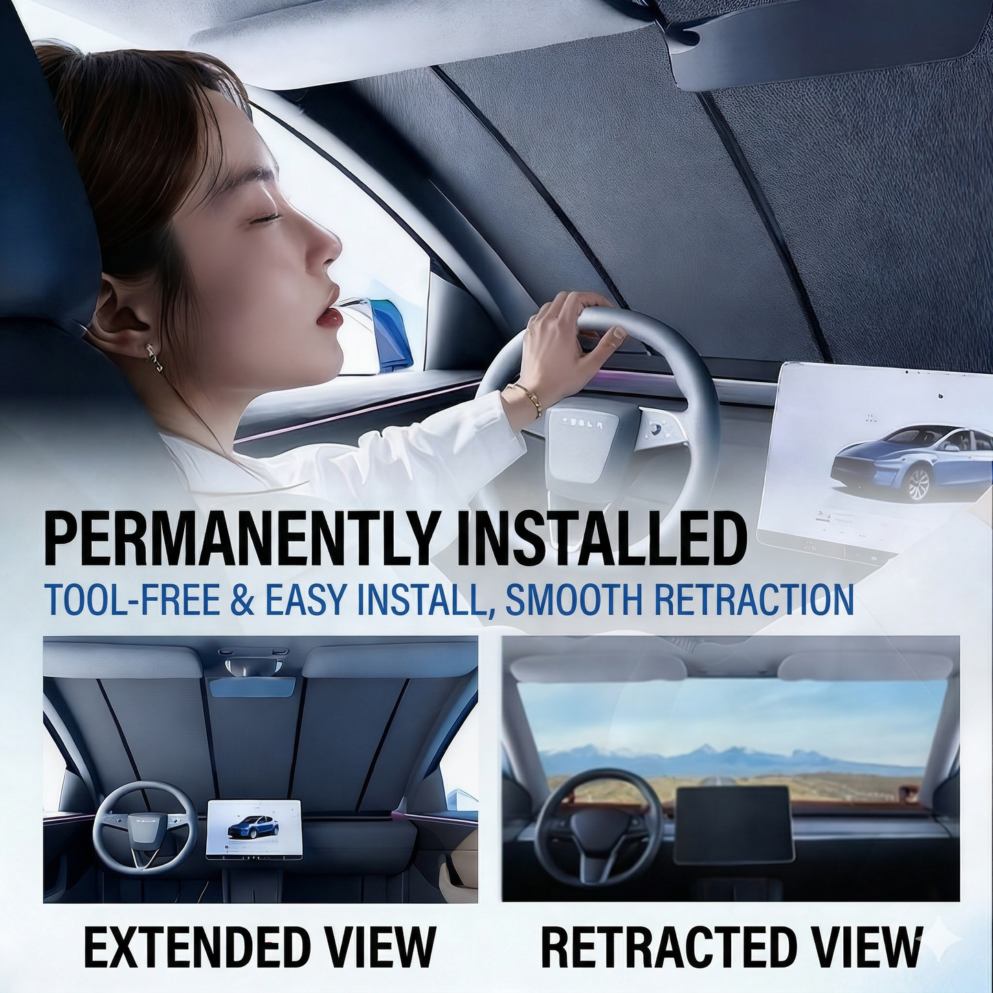 Car sunshade, electric sunshade, cooling, prevents interior sun damage and aging.